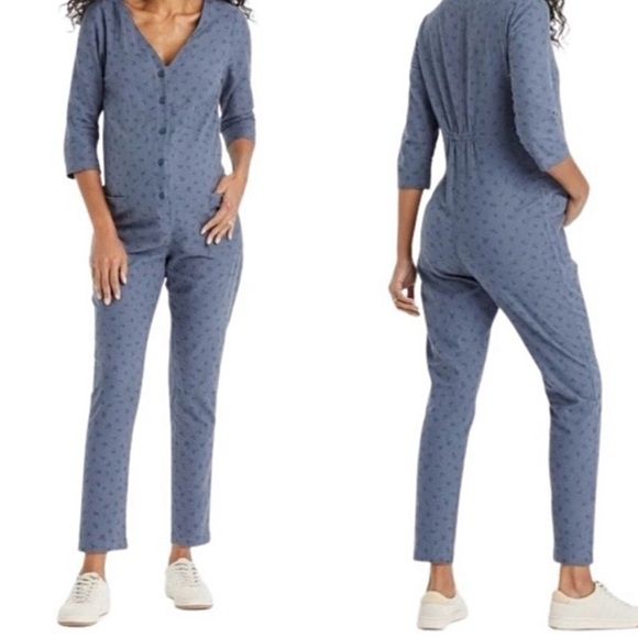 The Nines by Hatch Maternity Blue Floral Patterned Jumpsuit, Soft Cotton, Size M - Picture 1 of 15
